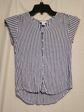 Liz Claiborne Blue & White Vertical Stripe Button-Front Cap Sleeve Top